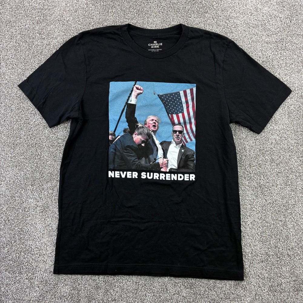Donald Trump Never Surrender Shirt Mens XL Black Charlie Kirk Merch USA Flag
